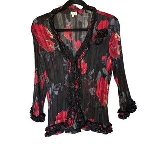 Agora Blouse Size L Black Red Floral Sheer Ruffle Button Front Crinkled Bohemian
